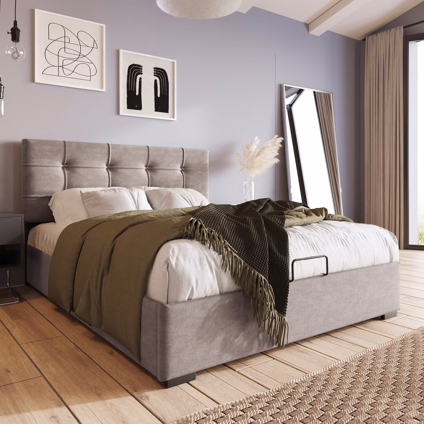 MODFU Letto a cassettone singolo 90x200 con apertura idraulica, ampio vano portaoggetti, rivestimento in velluto e struttura in metallo - Senza materasso - Grigio