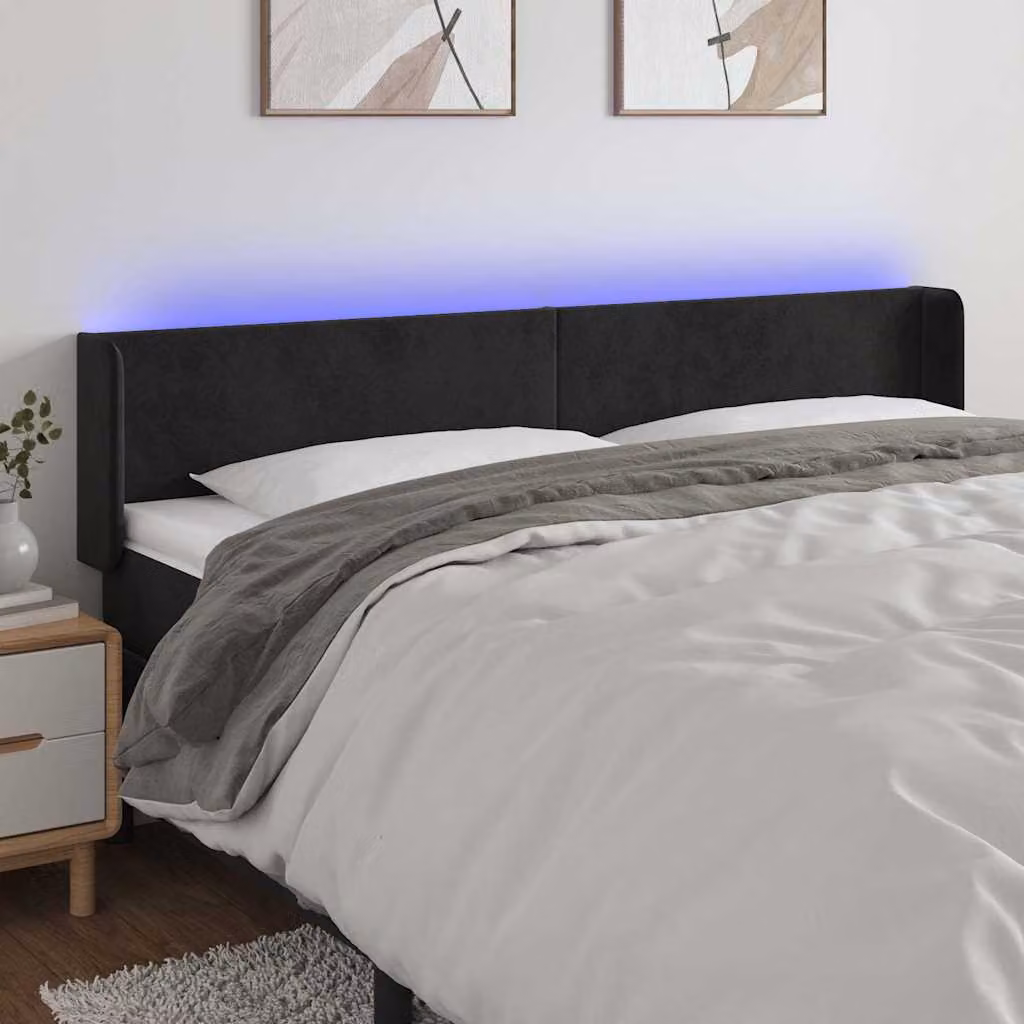 Testiera per letto vidaXL in velluto nero con illuminazione LED e porta di ricarica USB, L 183 x P 16 x H 78/88 cm