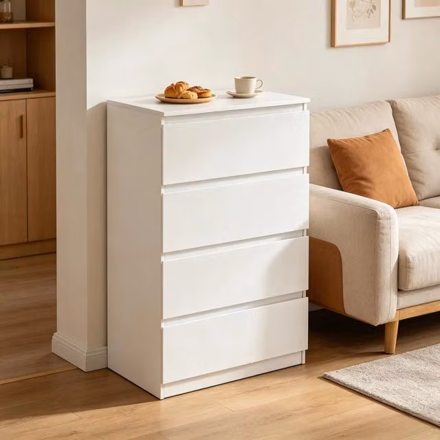 Cassettiera con 4 cassetti in legno bianco con maniglie nascoste e fissaggio a parete 60 × 90 × 40 cm
