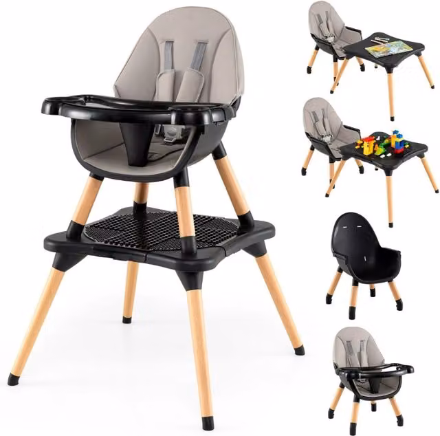 Set tavolo e sedia 6-in-1 convertibile Design Mania in legno con vassoio rimovibile e cuscini in ecopelle Nero-Grigio per bambini