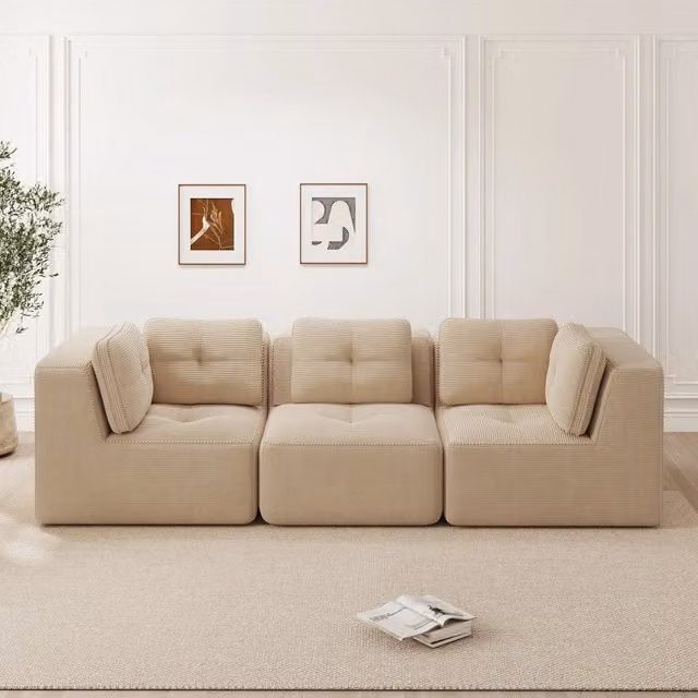 Divano angolare modulare MIVRAY in velluto a coste beige con seduta reversibile e cuscini inclusi