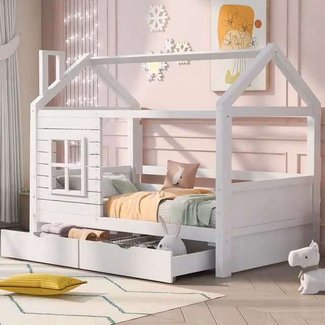 Letto Casetta Bambini in Legno Massello con Rete a Doghe ¨C Xylo ¨C Bianco 90x200