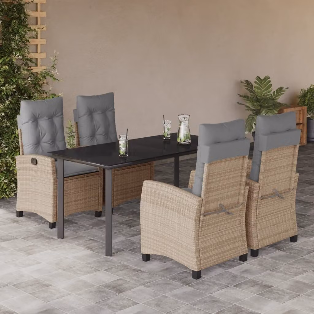 Set Pranzo da Giardino vidaXL in Polyrattan con Cuscini Beige Misto e Tavolo in Vetro, 5 Pezzi – 1