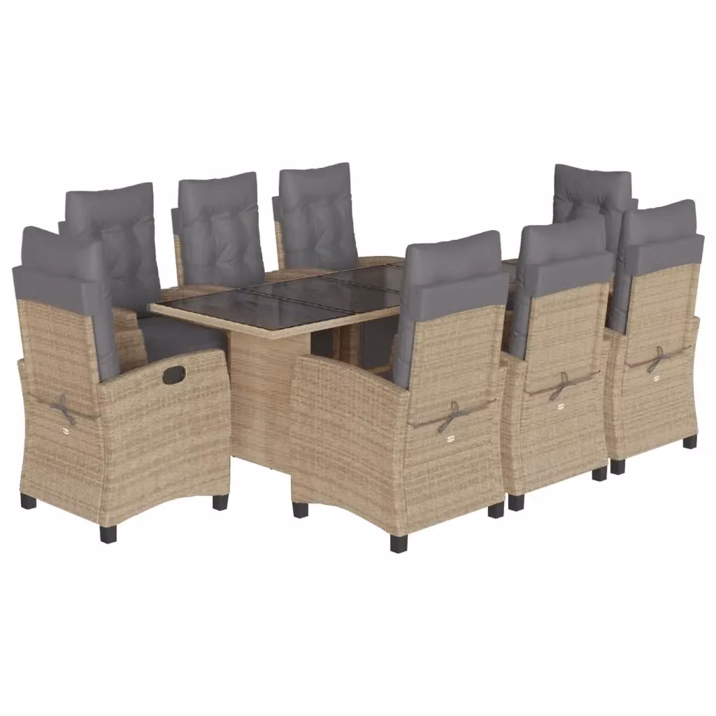 Set Pranzo da Giardino vidaXL in Polyrattan con Cuscini Beige e Grigio e Tavolo in Vetro – 2