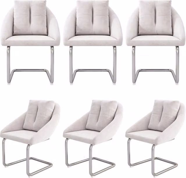 Set di 6 Sedie da Pranzo in Velluto Beige con Cuscino e Gambe Curvate in Metallo, Design Girevole