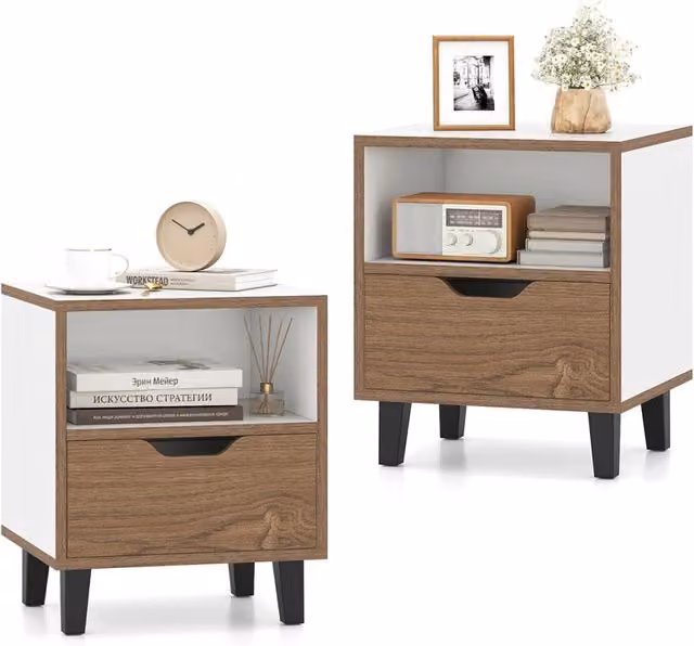 Set di 2 comodini moderni con cassetto e scomparto aperto, tavolini laterali in legno e metallo per camera da letto o soggiorno, bianco e marrone – 1