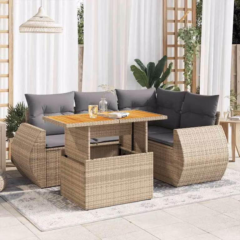 Set Divano da Giardino vidaXL 5 pz in Polyrattan con Cuscini Beige e Tavolino da Esterno a Forma di L