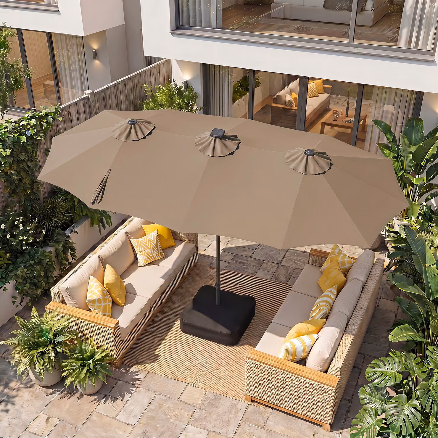 Ombrellone da giardino doppio Costway Marrone con 108 luci LED solari, 12 modalità, 3 prese d'aria e manovella