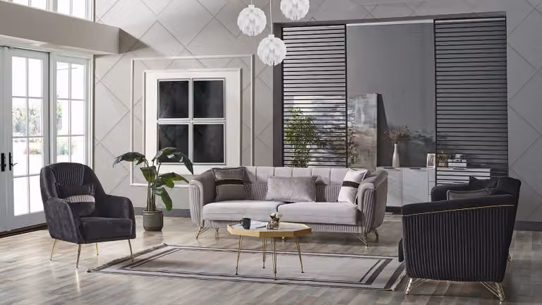 Sofagarnitur 3+3+1 Sitzer Textil Holz Sofa 3 Sitzer Modern Sessel Komplett Set