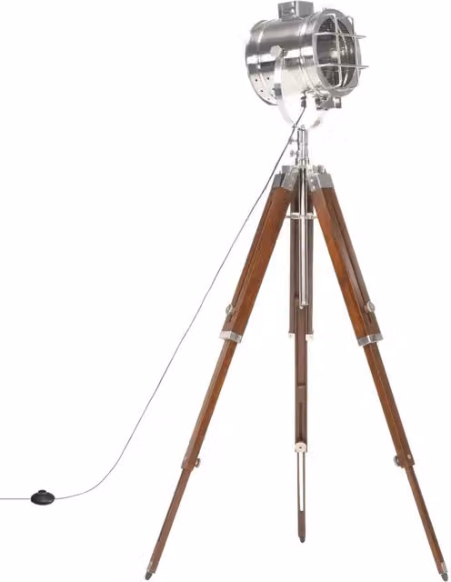 Lampada da terra a treppiede retro vidaXL in legno e metallo argento con paralume cilindrico, Altezza: 165 cm