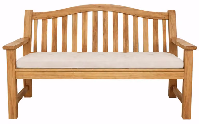 Panca in legno di teak, particolarmente robusta, modello Catania, 150 cm + cuscino per seduta color crema