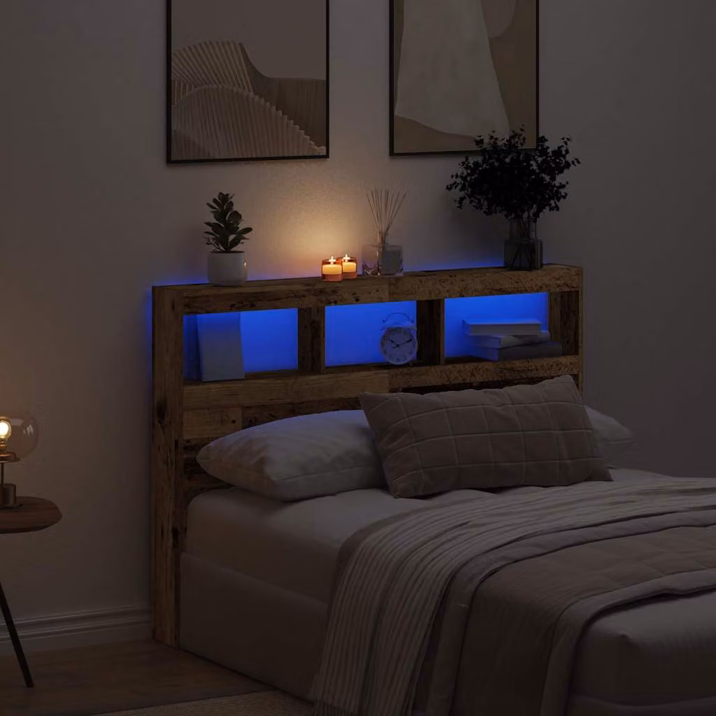 Testiera con Contenitore vidaXL in Legno Antico con Illuminazione LED e Porte USB, L/P/H: 140 x 17 x 102 cm