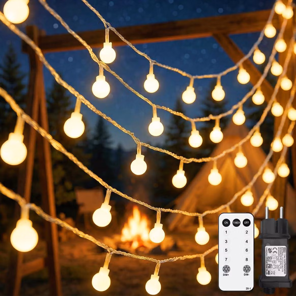Catena luminosa da 25 metri, con 200 LED bianco caldo, 8 modalità, grado di protezione IP44