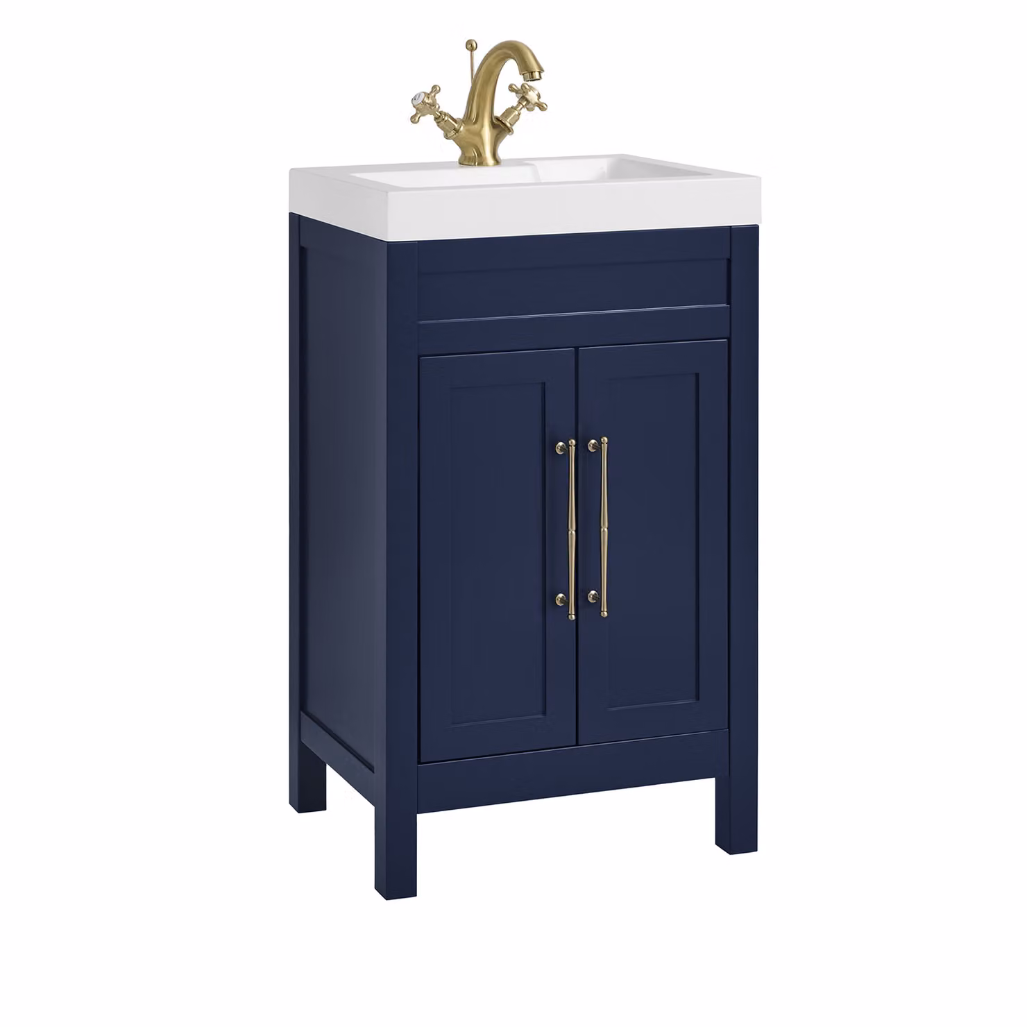 Mobile Bagno Blu Marino da 500mm con Lavabo e Maniglia Classica con Barra a T in in Oro Satinato - Warwick