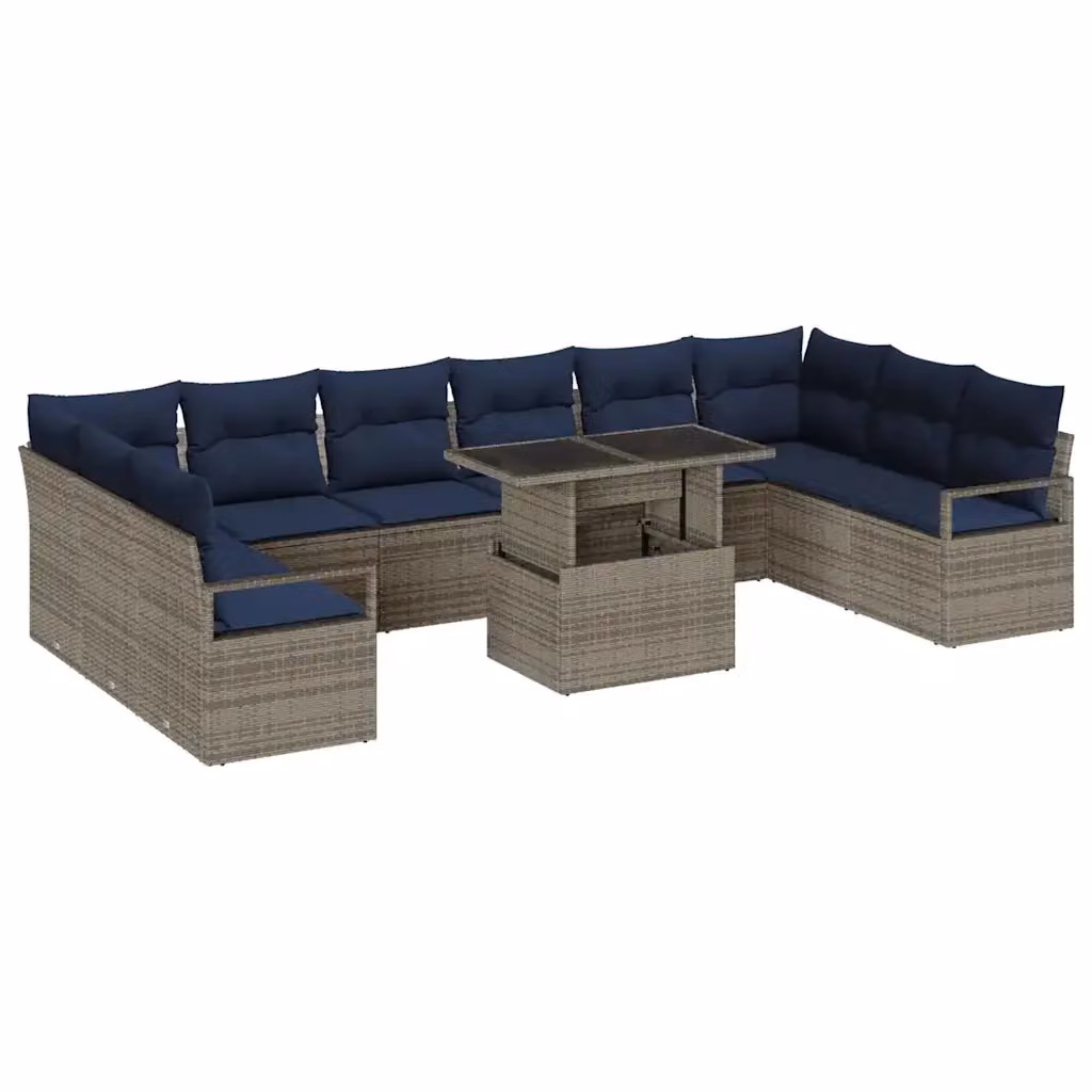 Set Divano da Giardino vidaXL a forma a U composto da 11 pezzi con tavolino e pouf, colore grigio e blu, struttura in acciaio verniciato a polvere e tessuto resistente ai raggi UV – 2