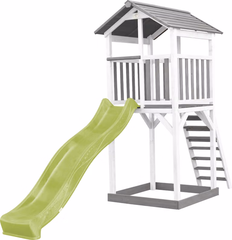 AXI Beach Tower parco giochi in legno in grigio e bianco | Torre di gioco per bambini con sabbiera e scivolo verde lime | Casa per bambini su palafitte per il giardino