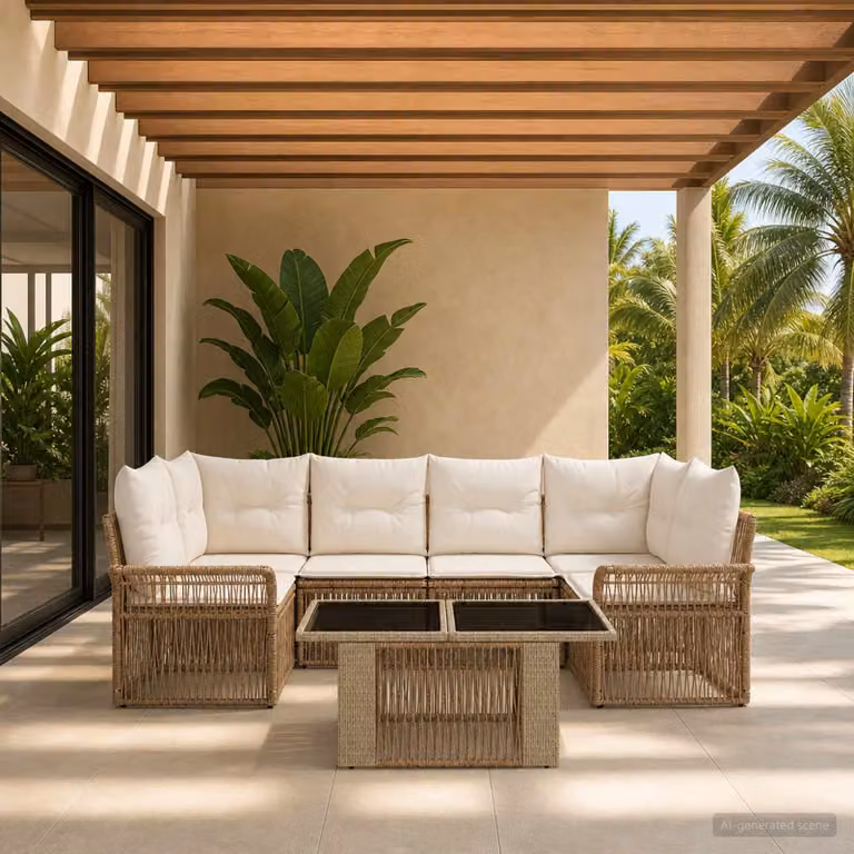 Set Divano da Giardino vidaXL 7 Pezzi a Forma di U in Polyrattan Beige e Bianco con Cuscini Rimovibili e Tavolino da Esterno