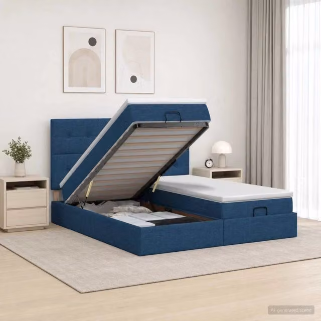 Letto ottomano con materasso e testiera vidaXL in tessuto blu e bianco L/P/H: 203 x 200 x 88 cm – 1