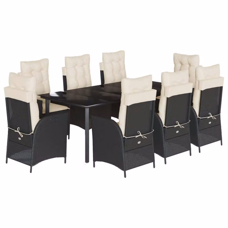 Set da Pranzo da Giardino 9 pz con Cuscini Nero in Polyrattan