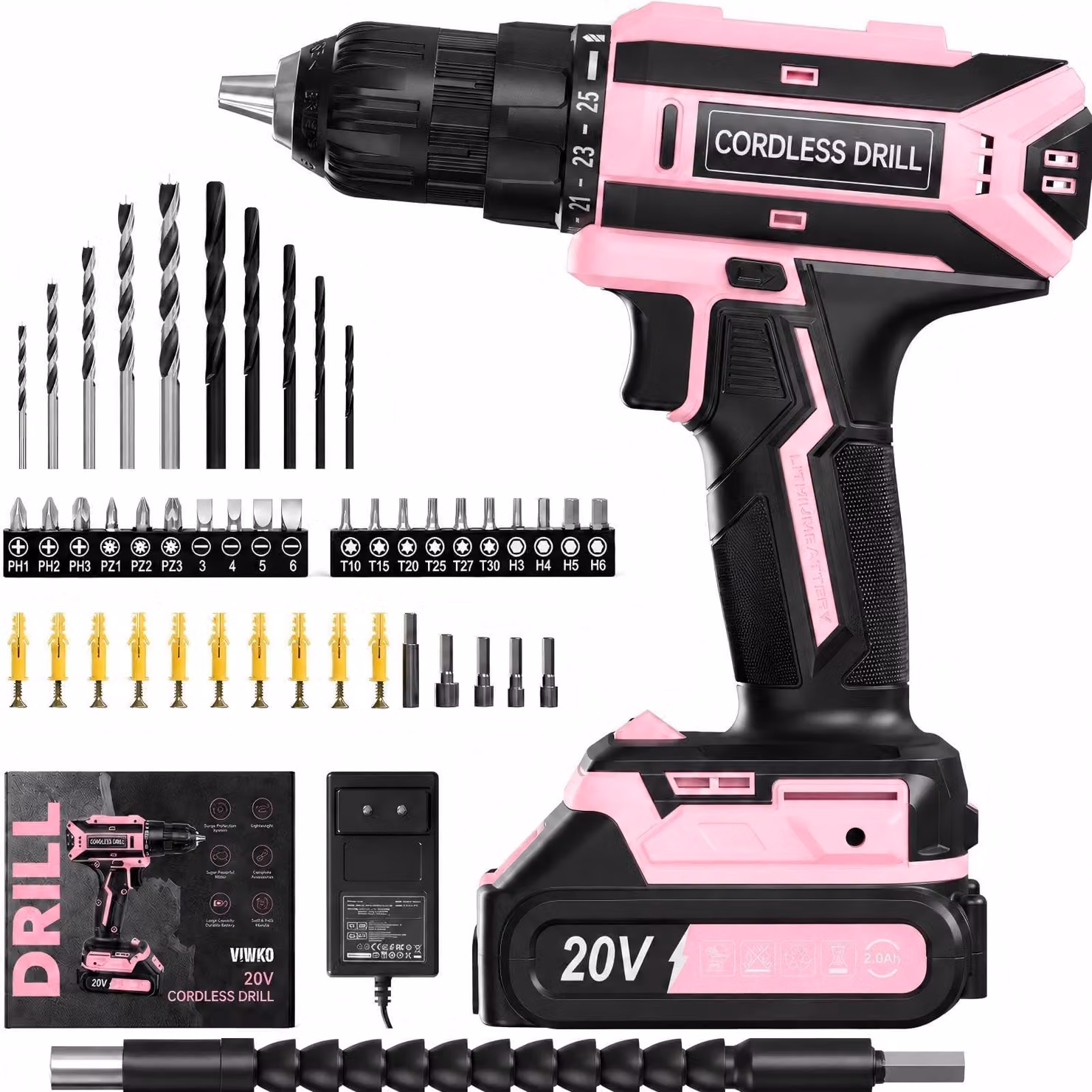 Avvitatore a batteria da 20V, 42 Nm, con accessori (56 pezzi), dotato di illuminazione a LED