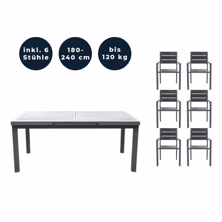 Home Deluxe - Tavolo da giardino allungabile - CALIDO - ca. 180 (240) x 97,5 x 76,5 cm - incl. 6 sedie, struttura in alluminio, piano in vetro - incl. accessori I Set da giardino tavolo allungabile per balcone