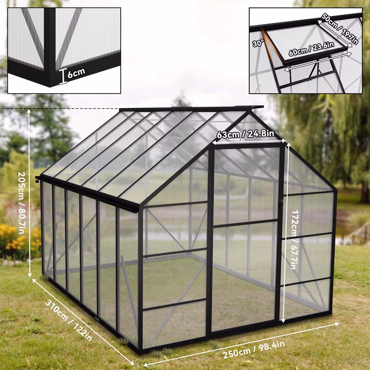 Kweekkas - Serra da giardino - Serra - Vaso per piante - Struttura in alluminio - 310 x 250 x 205 cm - Resistente agli agenti atmosferici, con sistema di ventilazione