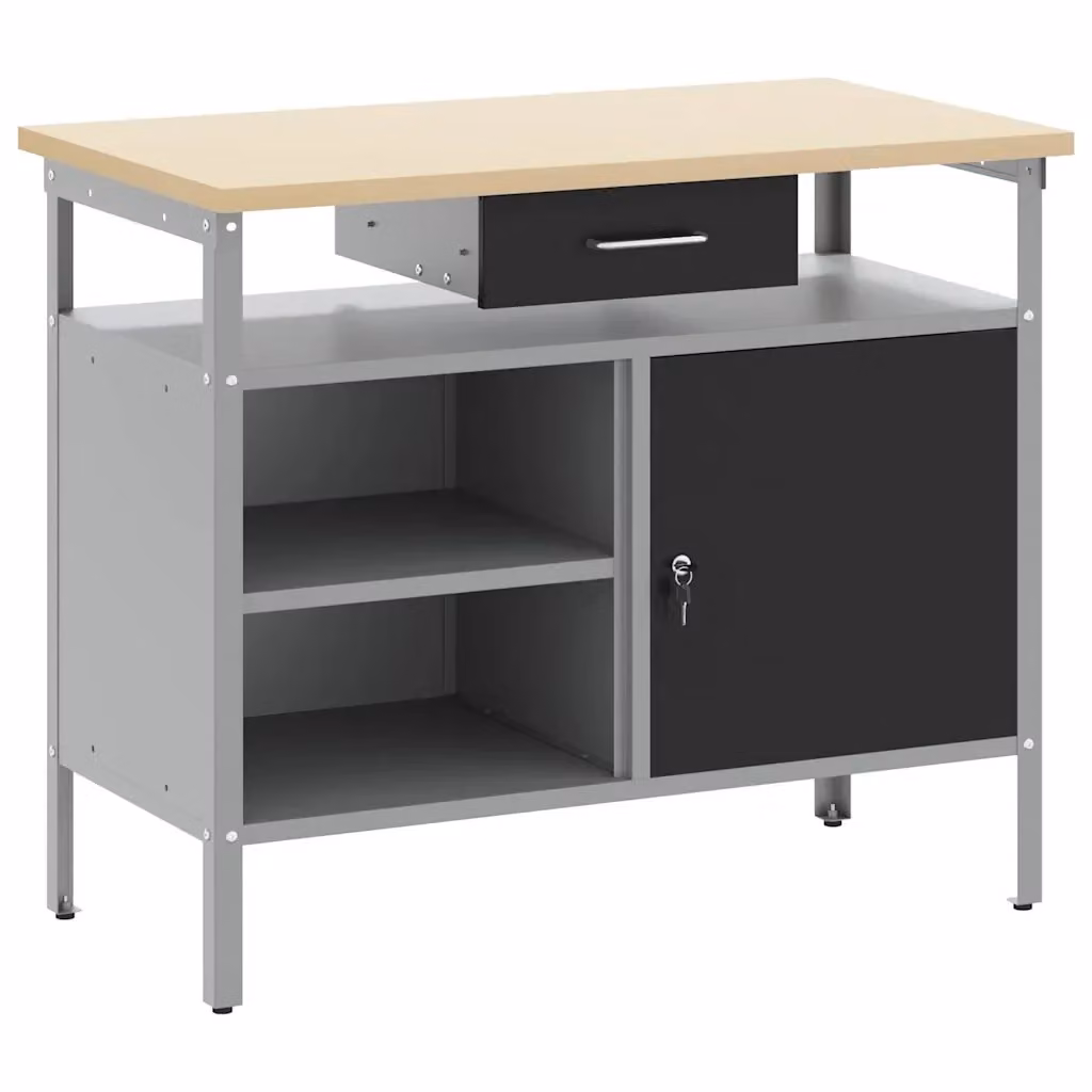 Banco da lavoro con cassetto vidaXL in acciaio e legno, Nero e Grigio, L 100 x P 55 x H 85 cm – 2