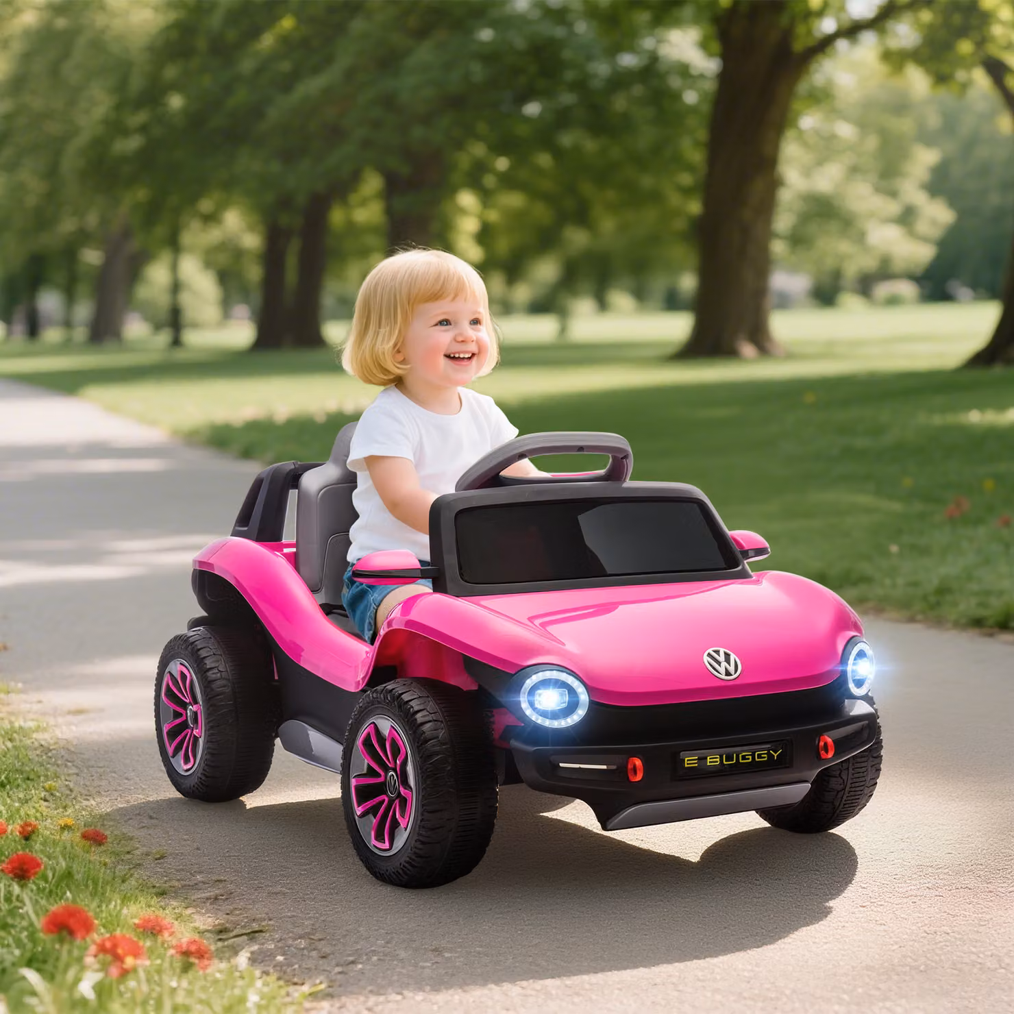 Auto Elettrica per Bambini Volkswagen E-Buggy 12V AIYAPLAY con Telecomando 2,4 G e Ruote con Sospensione, Rosa, Aosom – 2