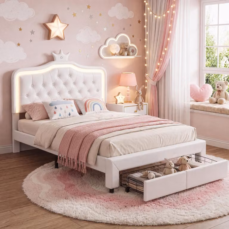 Letto per bambini INONEFT, 140x200 cm, con LED, letto a due piazze con rete a doghe e 2 cassetti, letto imbottito con poggiatesta regolabile, in PU, senza materasso, colore bianco