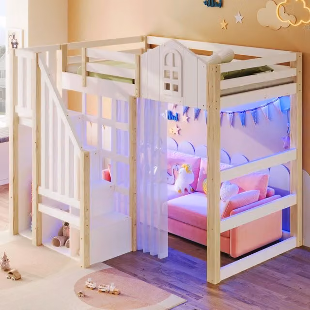 Letto a soppalco singolo 90 × 200 cm con LED, scala con ripiani e tenda, senza materasso, bianco naturale