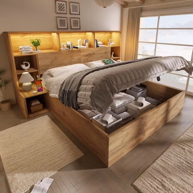 Letto in legno effetto quercia con contenitore idraulico e LED, 160x200 cm