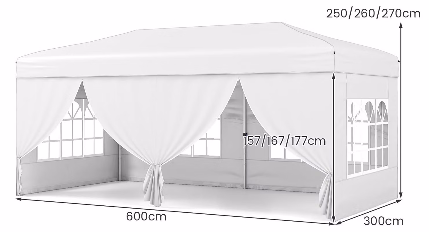 KOMFOTTEU, Padiglione pop-up 3x6 metri, padiglione pieghevole con 6 pareti laterali e 6 sacchi di sabbia, padiglione da giardino regolabile in altezza, con borsa da trasporto su ruote, ideale per spiaggia, matrimoni e campeggio, colore bianco