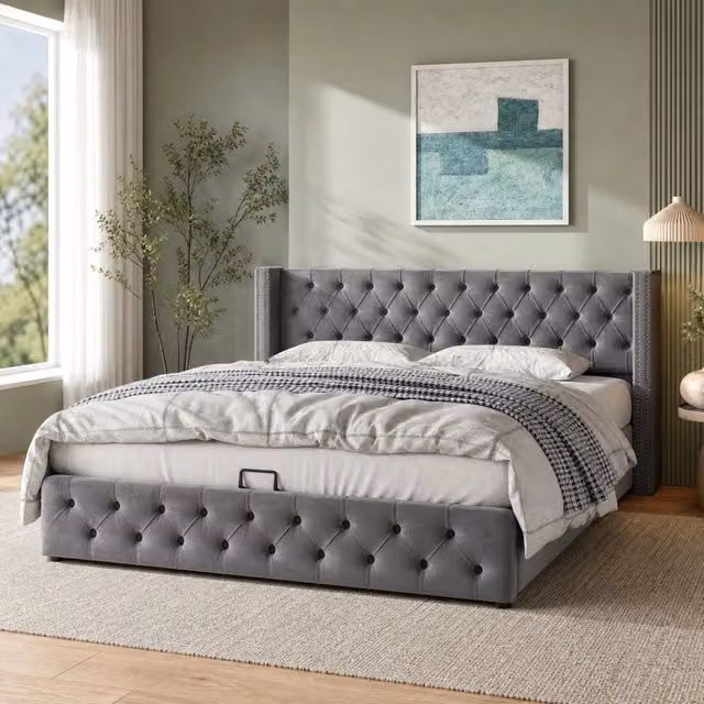 Letto imbottito 180x200 cm con contenitore idraulico in velluto grigio