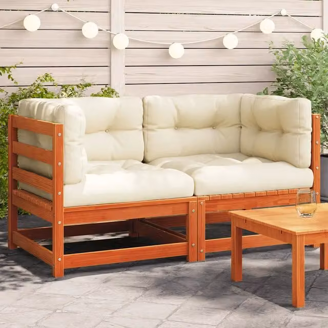 Divano angolare da giardino vidaXL in legno di pino cerato marrone e beige con cuscini in schiuma – 1