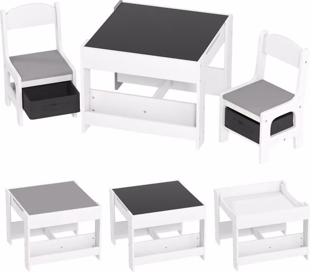 Set Tavolino e 2 Sedie per Bambini HOMCOM con Piano Reversibile a Lavagna e Contenitori, Grigio e Bianco