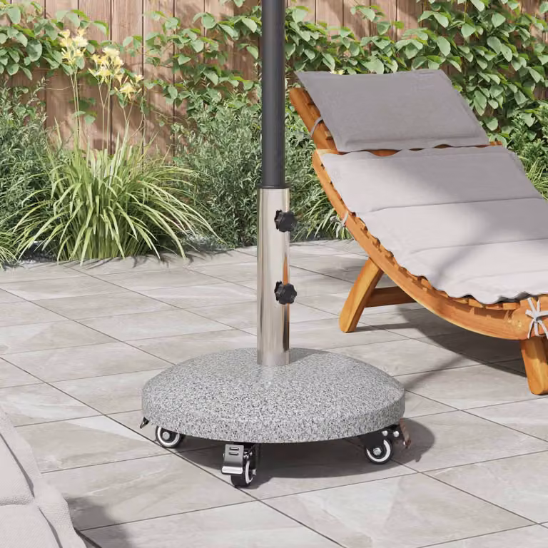 Base per ombrello vidaXL in granito grigio con ruote e acciaio inossidabile per pali da 4-5 cm