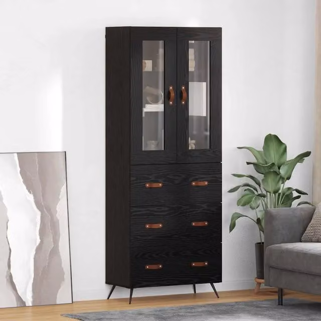 Set di 2 armadietti alti vidaXL in stile rustico con ante in vetro e ripiani interni, colore nero, L/P/H: 69,5 x 34 x 180 cm – 1