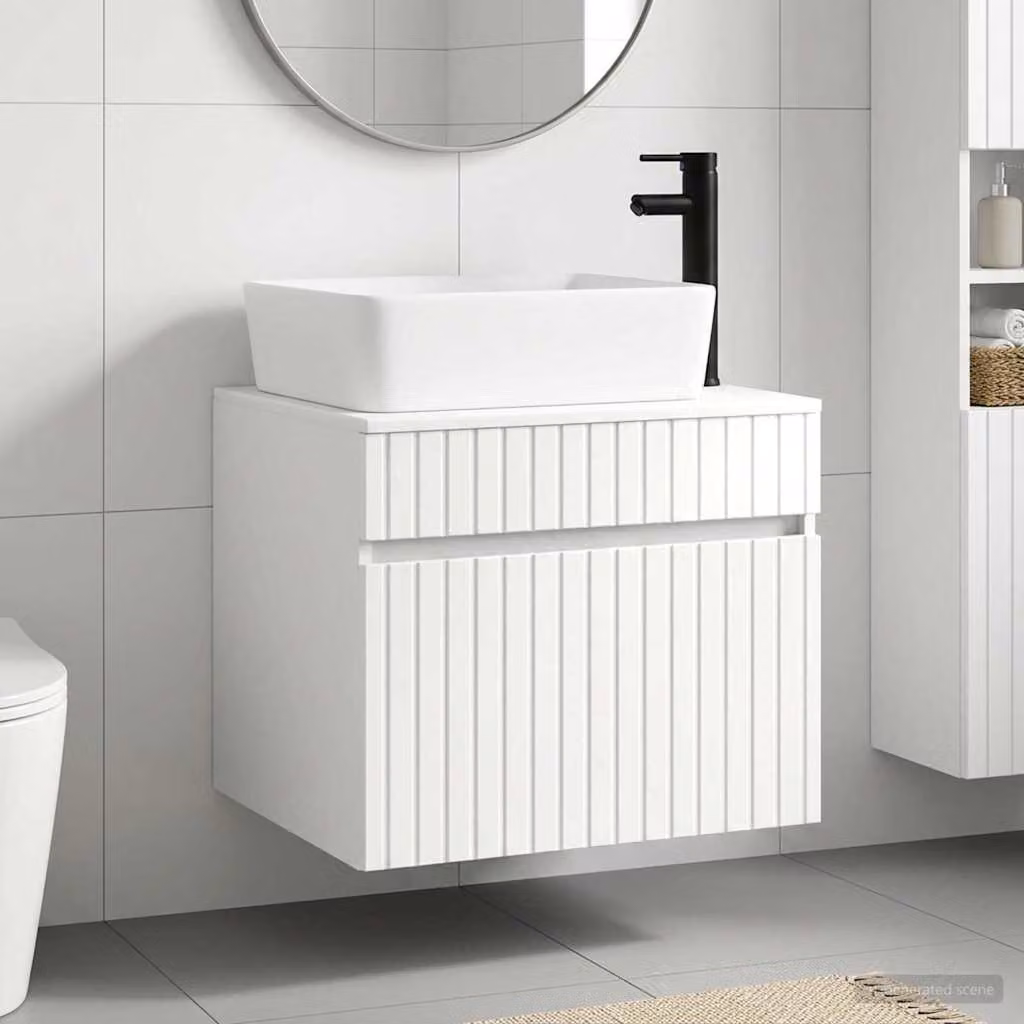 Set di mobili per il bagno vidaXL moderno in MDF bianco lucido con ante a cerniera e cassetti interni, sospeso L/P/H: 59,0 x 27,23 x 44,5 cm
