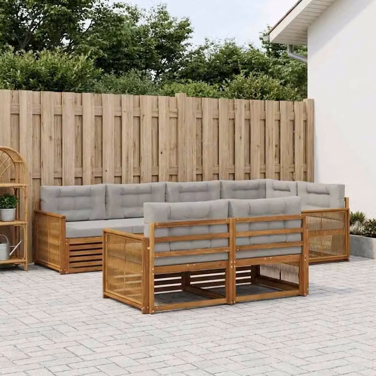 Set di divani da esterno a L vidaXL in legno di acacia con cuscini, 7 pezzi, beige e grigio