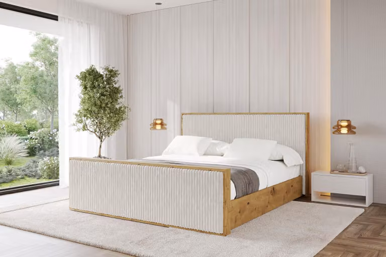 Letto imbottito ALTDECOR con contenitore -ENZO10-Z 140x200 color crema, rete a doghe, letto contenitore con testiera e vano portaoggetti, letto matrimoniale senza materasso