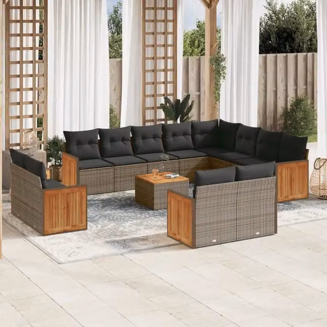 Set di divani da giardino VIDAXL in polyrattan grigio con cuscini, composizione a forma di U, 13 pezzi – 1