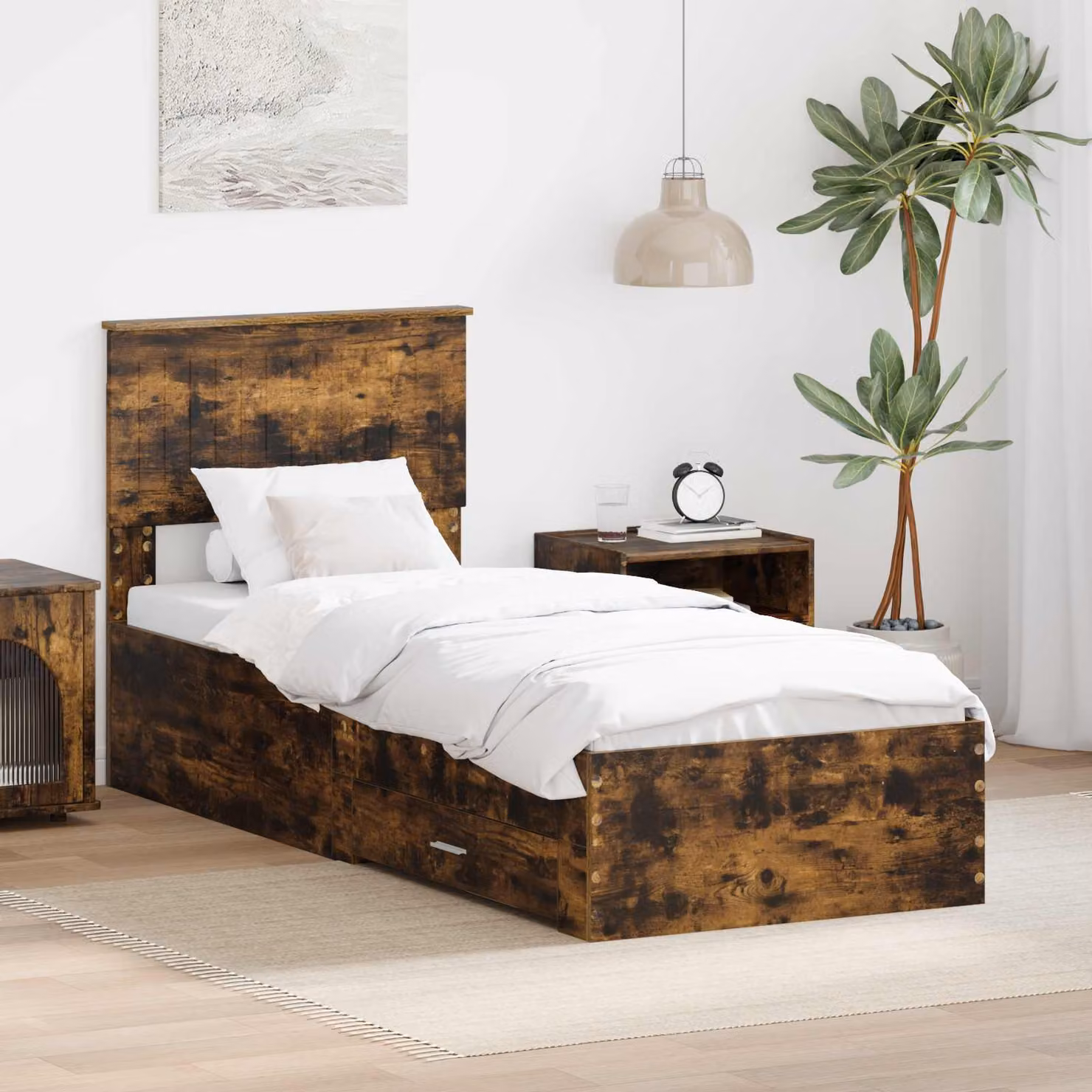 Struttura del letto moderna vidaXL in legno color rovere fumo con cassetti L: 75 cm, P: 190 cm, H: 200 cm