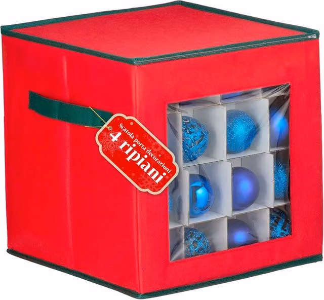 Organizer Saint Joy per 64 Palline di Natale in TNT Rosso con Finestra Frontale, Manici e Portataglie, L/P/H: 30 x 30 x 30 cm