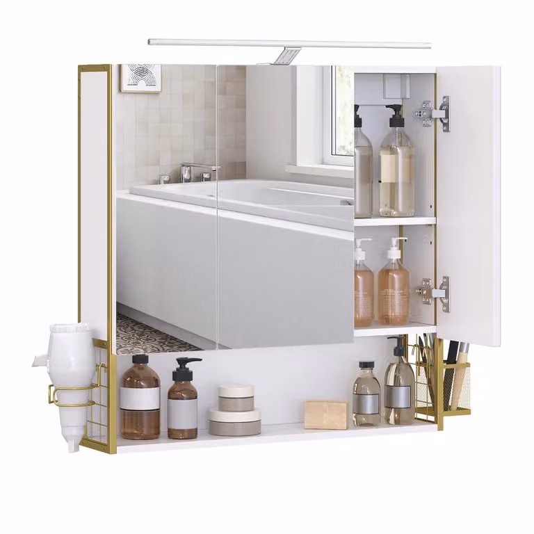 Armadietto da Bagno da Muro con Ante a Specchio Cestino Porta Asciugacapelli, Bianco Nuvola + Oro Verde Chiaro / 14,5 x 70 x 70 cm