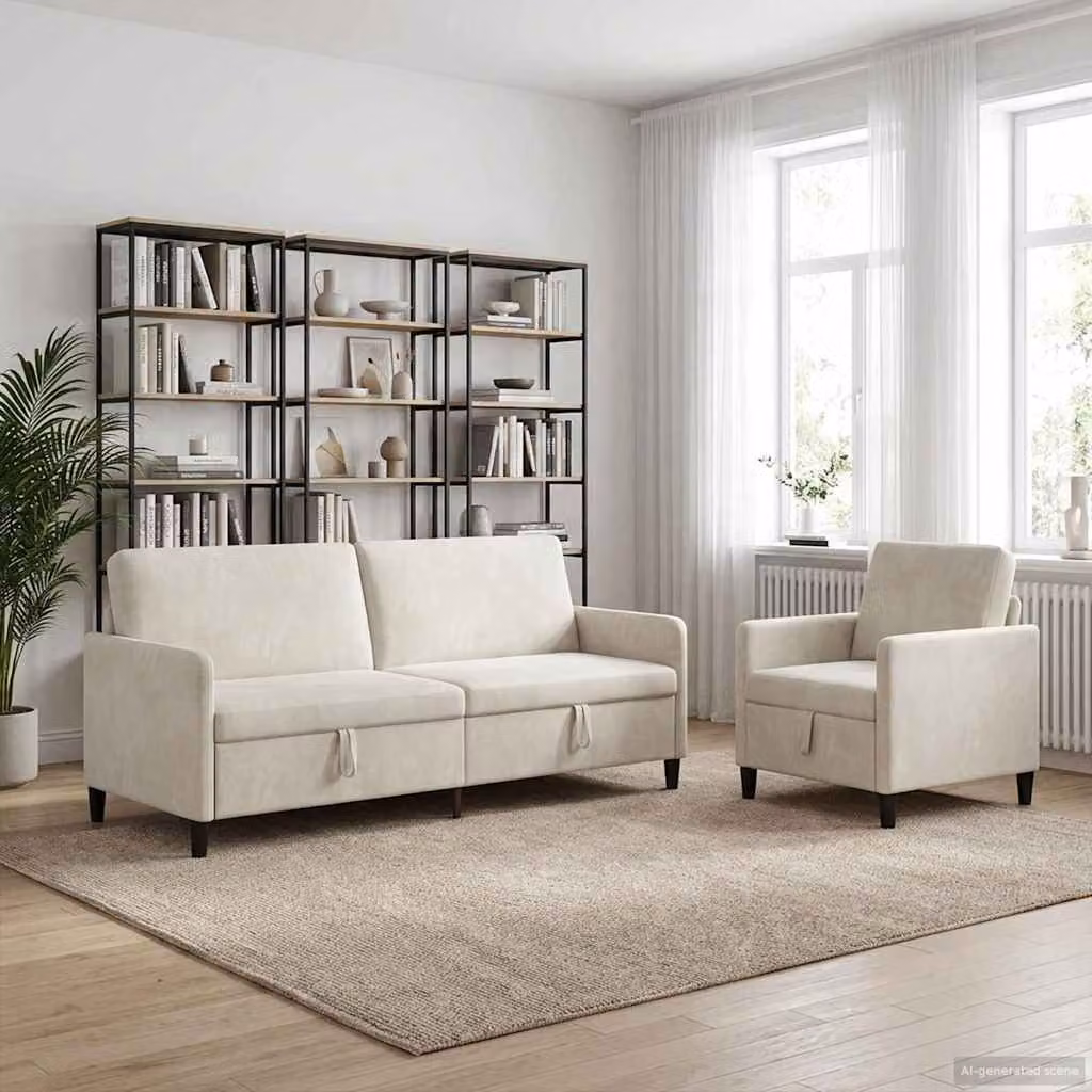 Set di 2 Divani Moderni vidaXL con Contenitore, Rivestimento in Tessuto Beige e Seduta Sollevabile per Soggiorno