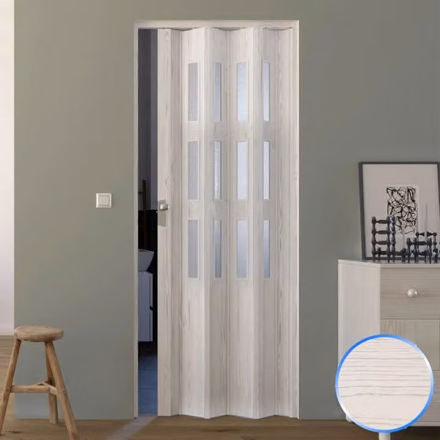 Porta a soffietto da interno in PVC mod. Luciana color pino sbiancato con vetro satinato L: 88,5 cm x H: 214 cm