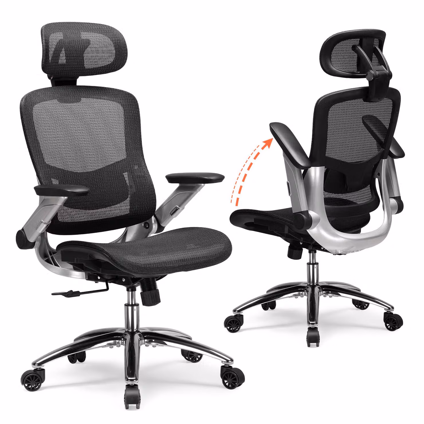 Sedia da ufficio COMHOMA, sedia da scrivania ergonomica con rivestimento in rete, poggiatesta 2D, braccioli 4D, schienale alto con meccanismo oscillante e bloccaggio 90-125°, 180 kg Nero