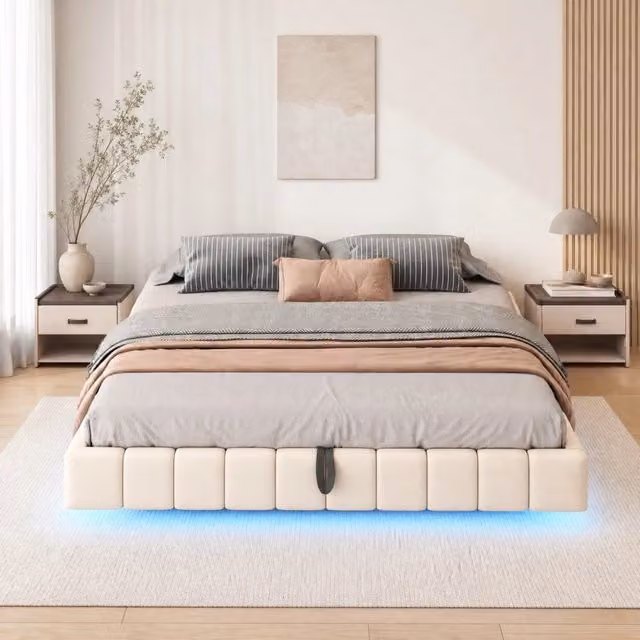 Letto imbottito sospeso 180x200 cm con contenitore e LED; beige