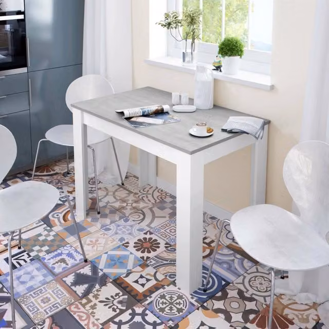 Tavolo fisso Anat DMORA per sala da pranzo o cucina, design moderno, L: 109 cm, P: 67 cm, H: 78 cm, Bianco e Cemento