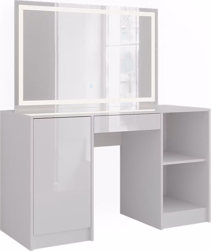 Tavolo da toeletta Vicco Sherry Bianco/Bianco lucido 128.2 cm con specchio a LED, Model 57625